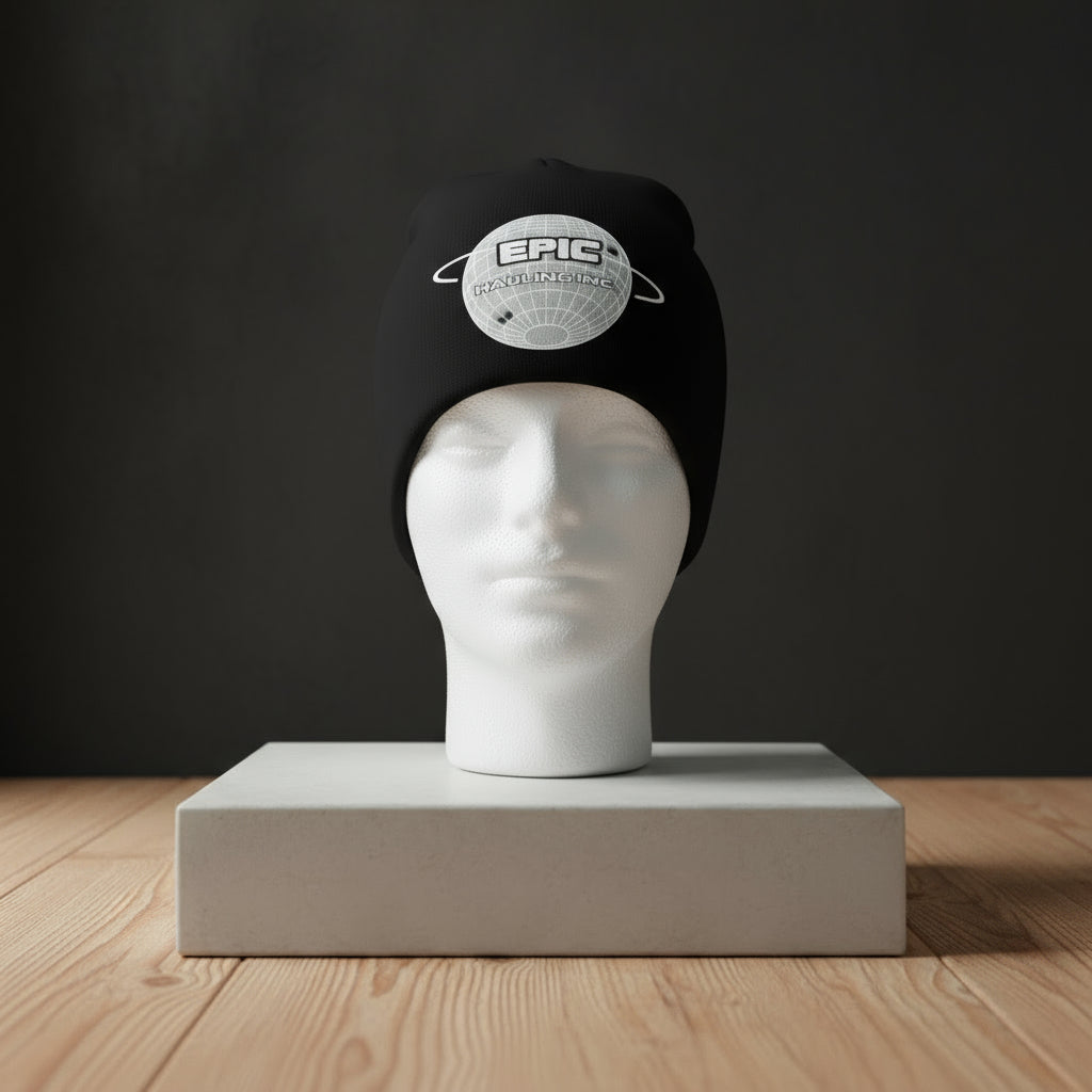 Black beanie with 'EPIC' logo on a mannequin head against a dark background