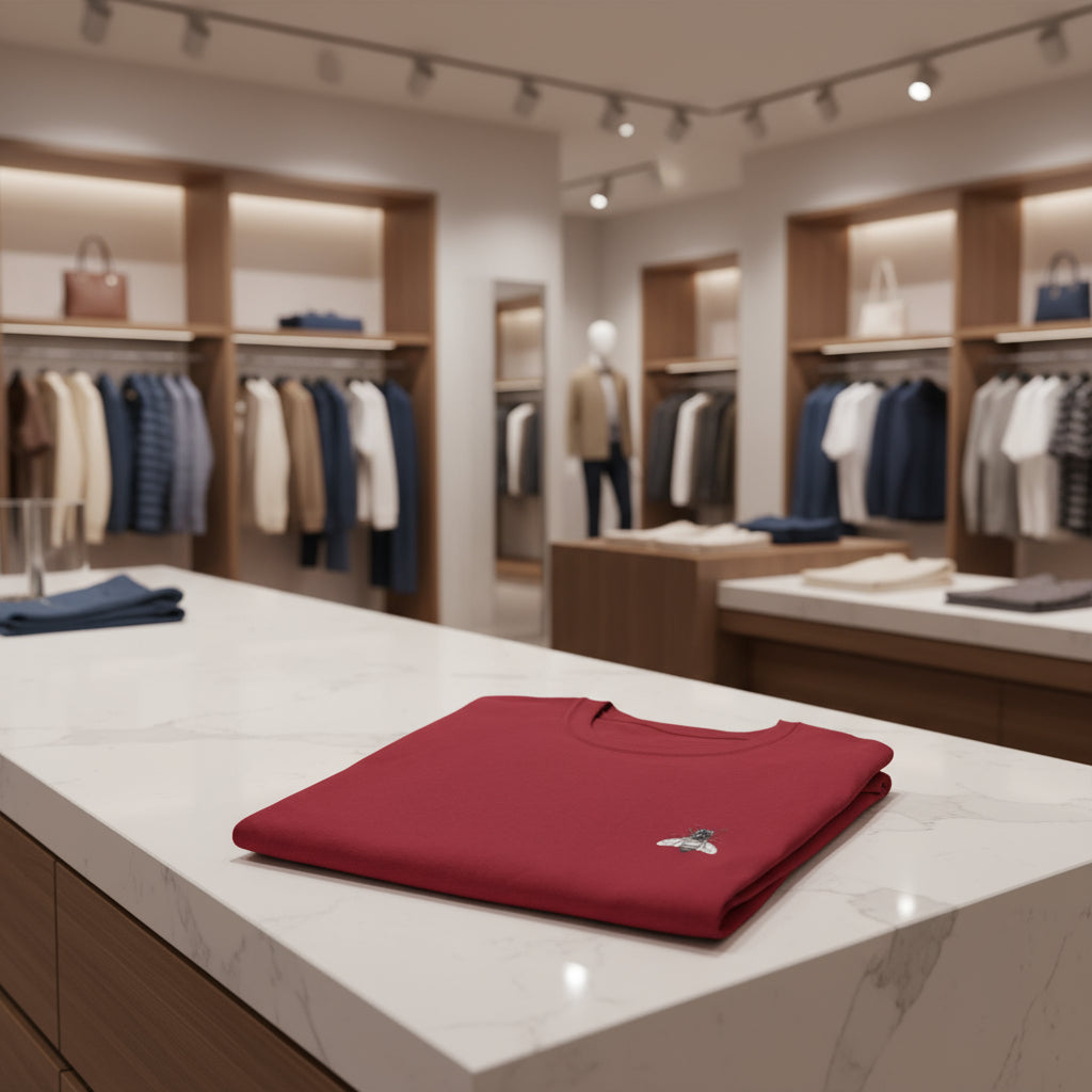 Folded red shirt with a logo on a counter in a clothing store.