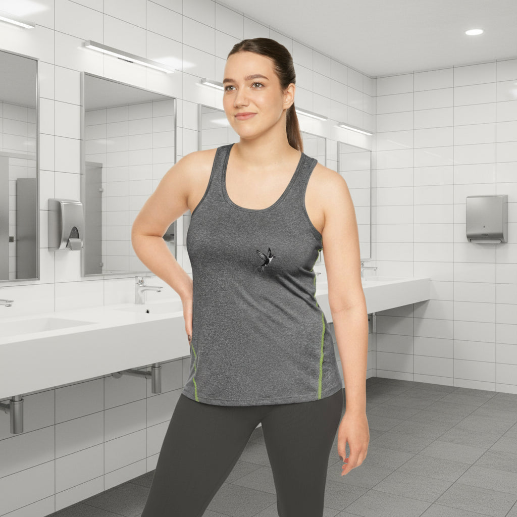 Woman wearing a gray tank top in a bathroom setting