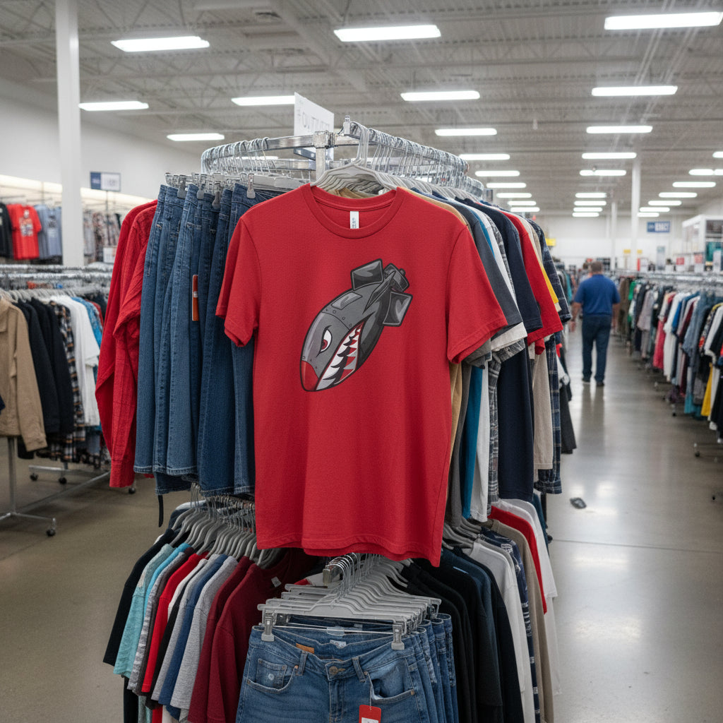 Red t-shirt with graphic design on a clothing rack in a store