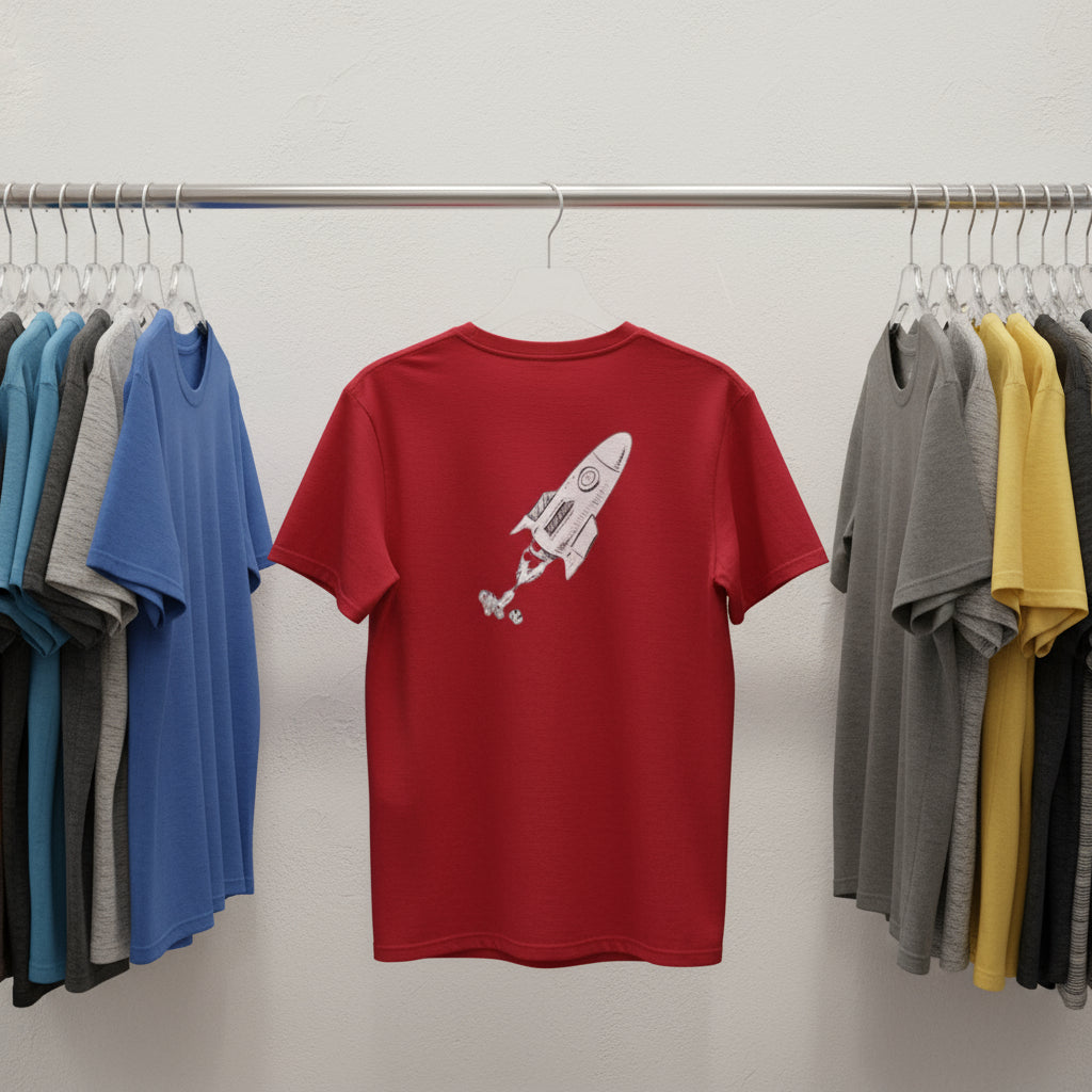 Red t-shirt with a rocket design on a rack of other colored t-shirts.