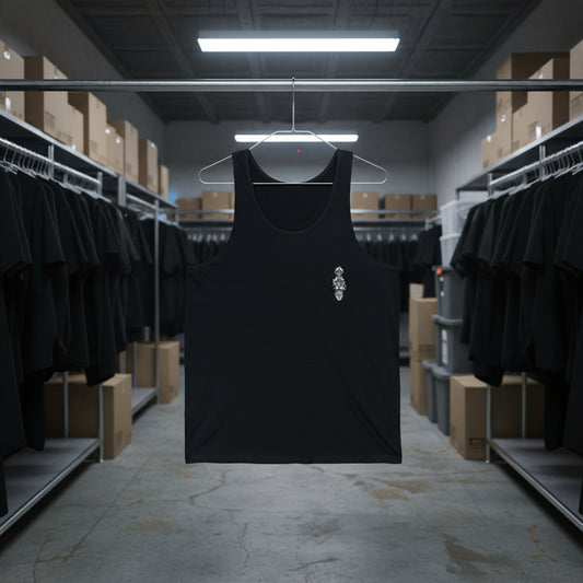 Black tank top hanging in a warehouse setting with shelves and boxes in the background