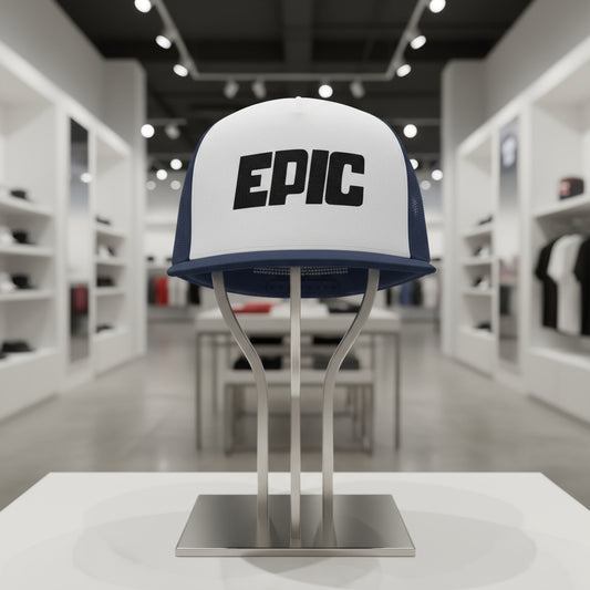 White cap with 'EPIC' logo on a stand in a store setting