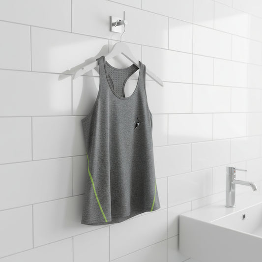 Gray tank top with green accents hanging on a white tiled wall.