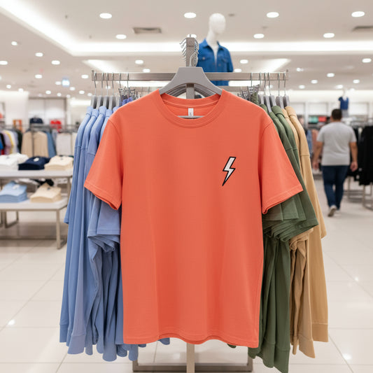 Orange t-shirt with a lightning bolt design on a clothing rack in a store.