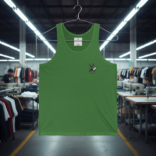 Green tank top with a logo on a hanger in a clothing factory.