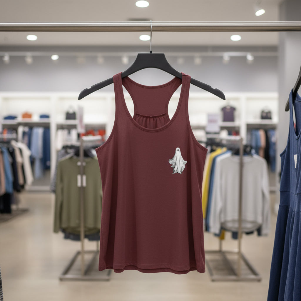 Maroon tank top with a ghost design on a hanger in a clothing store.