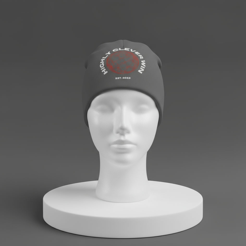 Gray beanie with logo on a mannequin head against a gray background