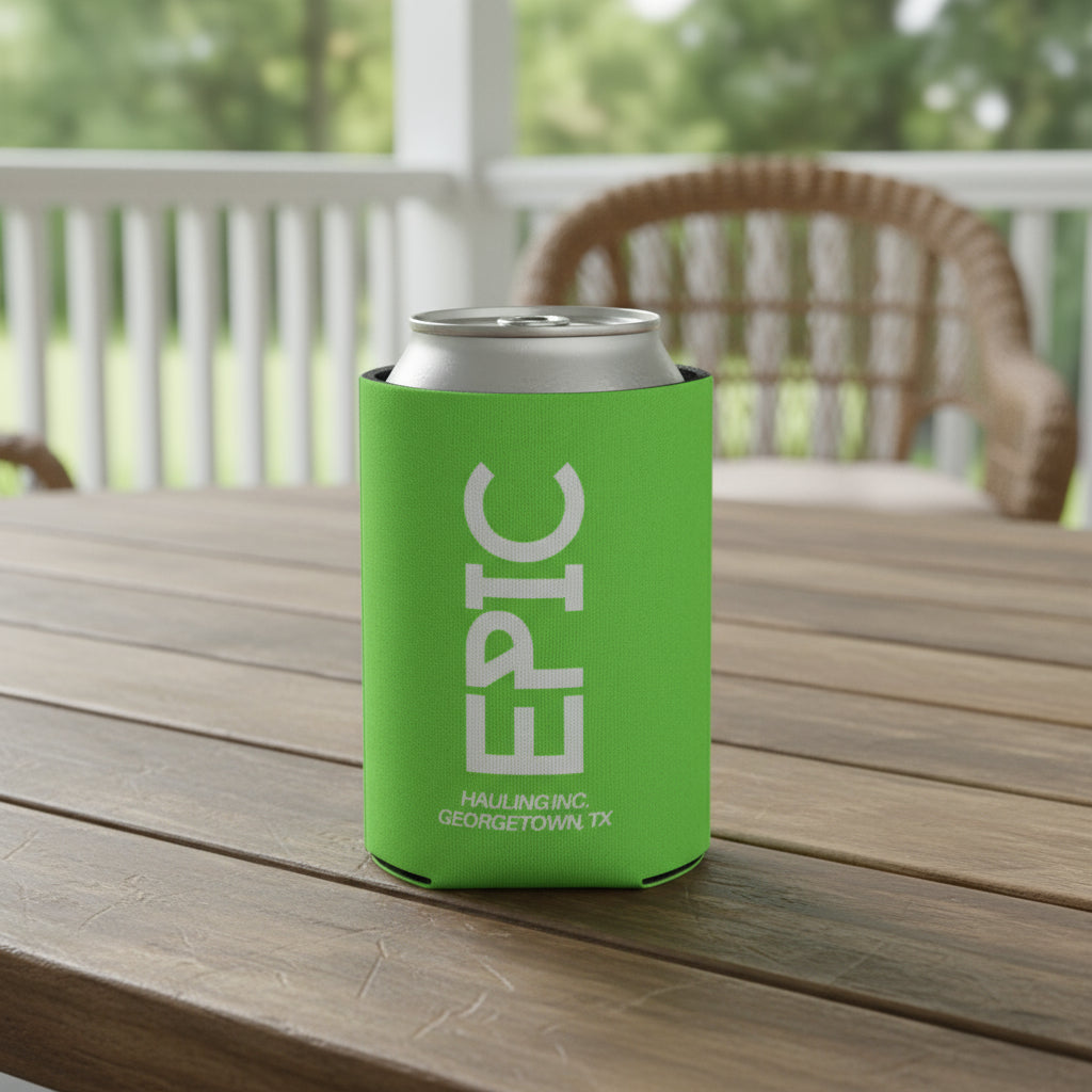 Green can cooler with 'EPIC' branding on a wooden table outdoors.