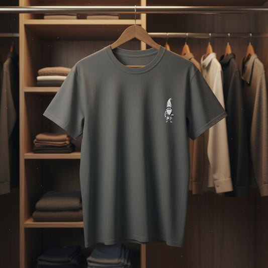 Gray t-shirt with a small graphic of a gnome on a white background