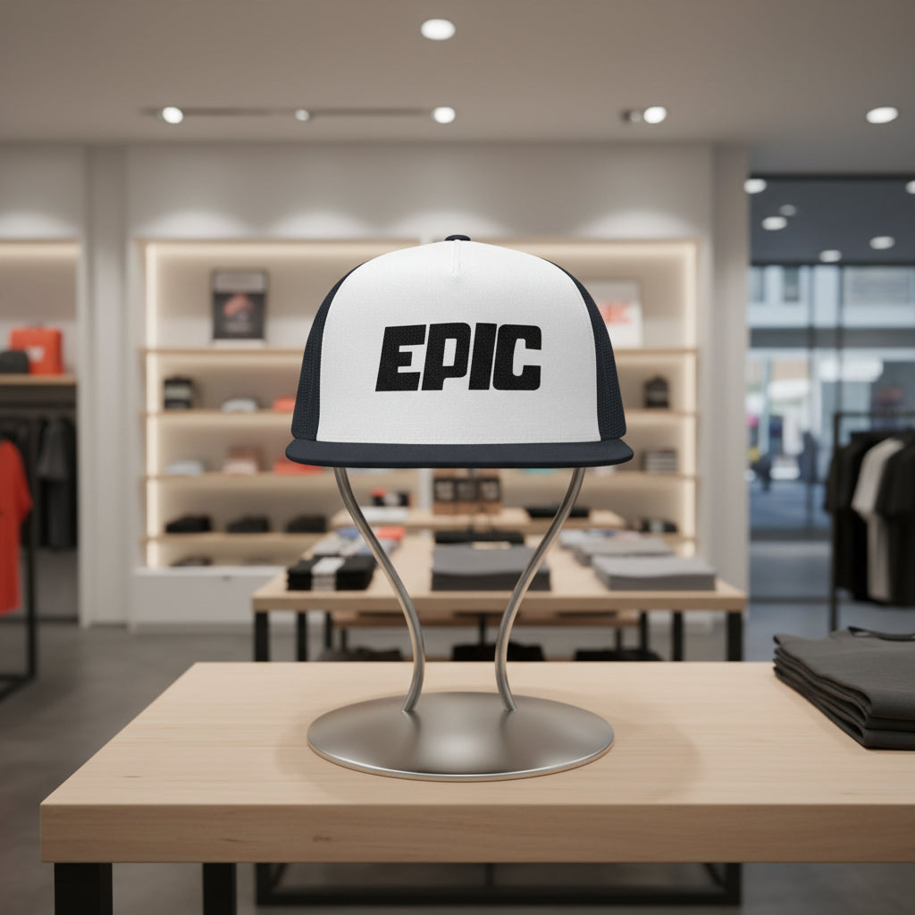 White and black cap with 'EPIC' text on a white background