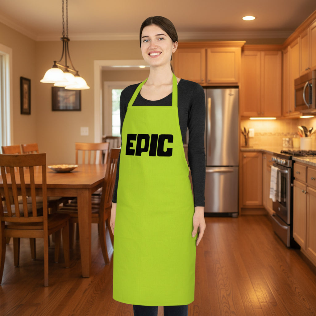 Person wearing a bright green apron with 'EPIC' text on a white background