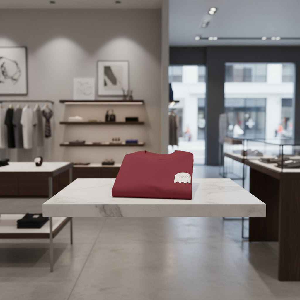 Red sweatshirt with a logo on a white table in a store setting