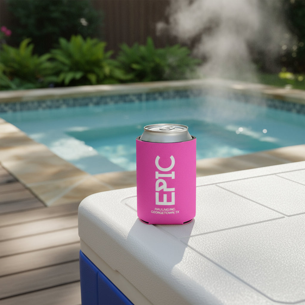 Pink can cooler with 'EPIC' branding on a cooler by a pool