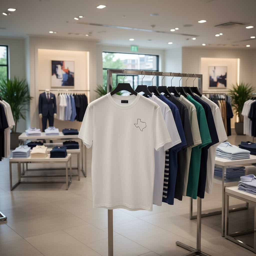 White t-shirt with a design on a rack of clothes in a store