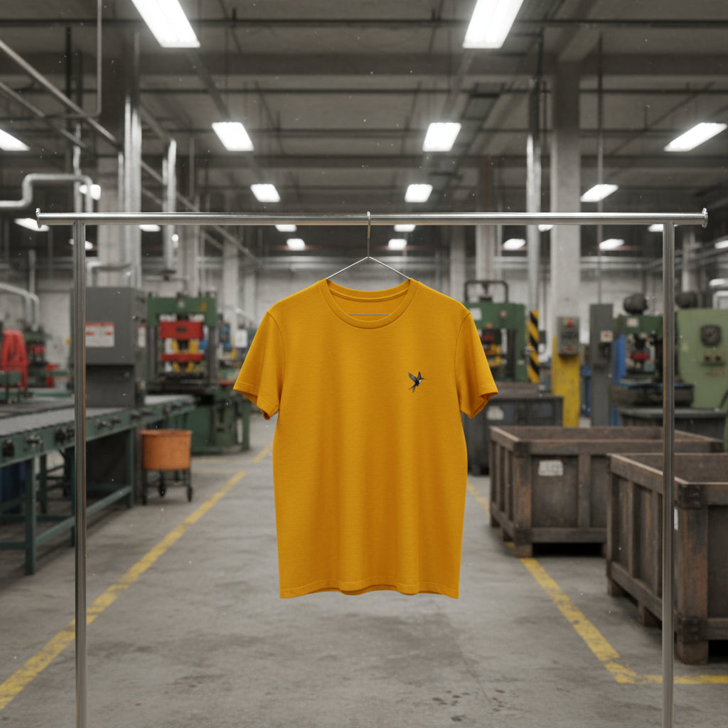 Yellow t-shirt with a small black logo on a white background