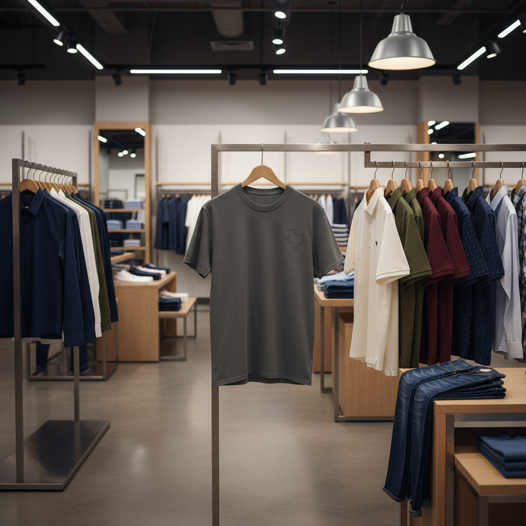Clothing store interior with racks of shirts and pants