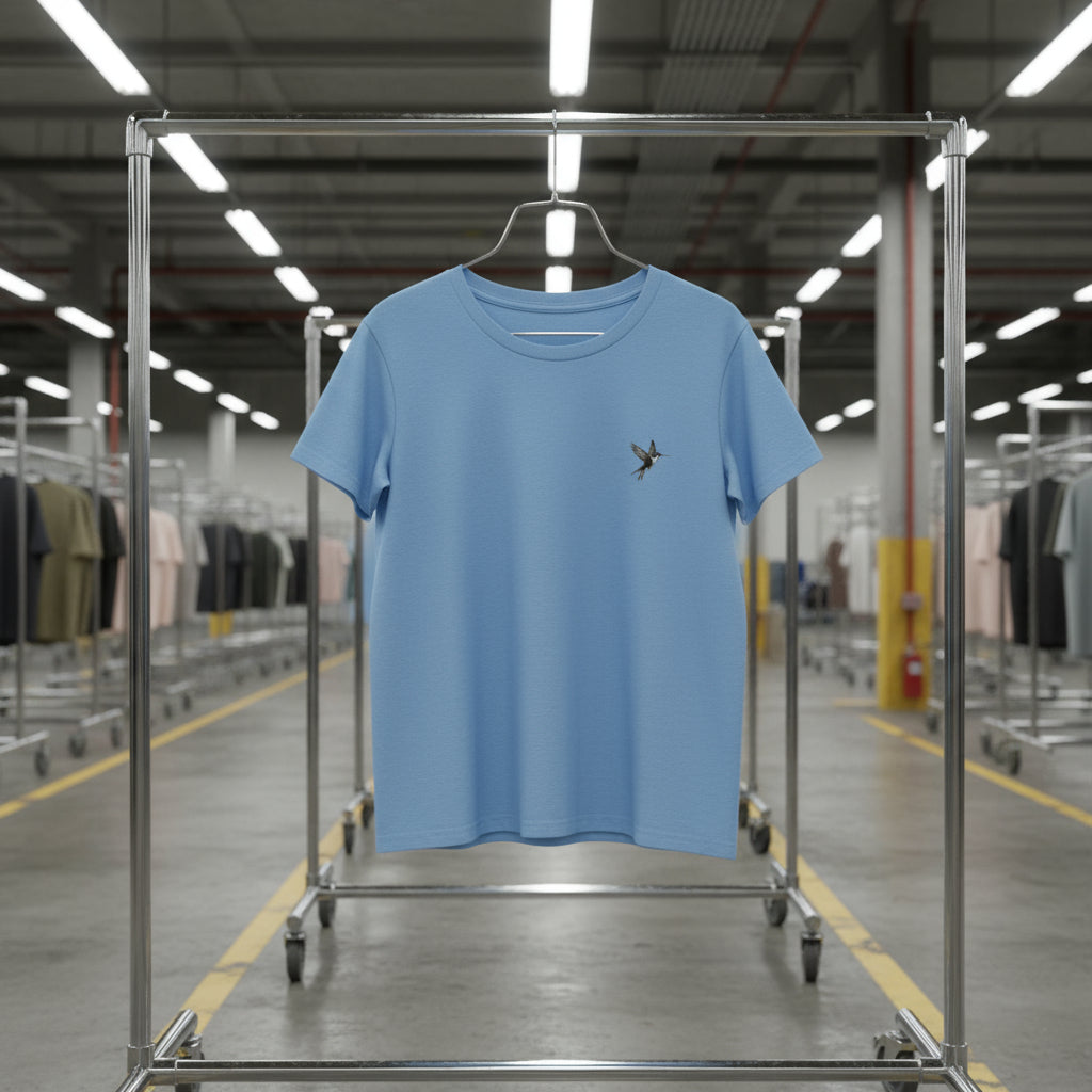 Blue t-shirt on a hanger in a warehouse setting