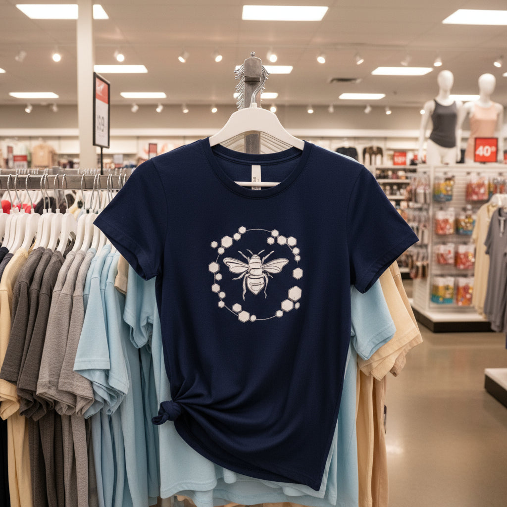 Navy blue t-shirt with a bee design on a hanger in a store.