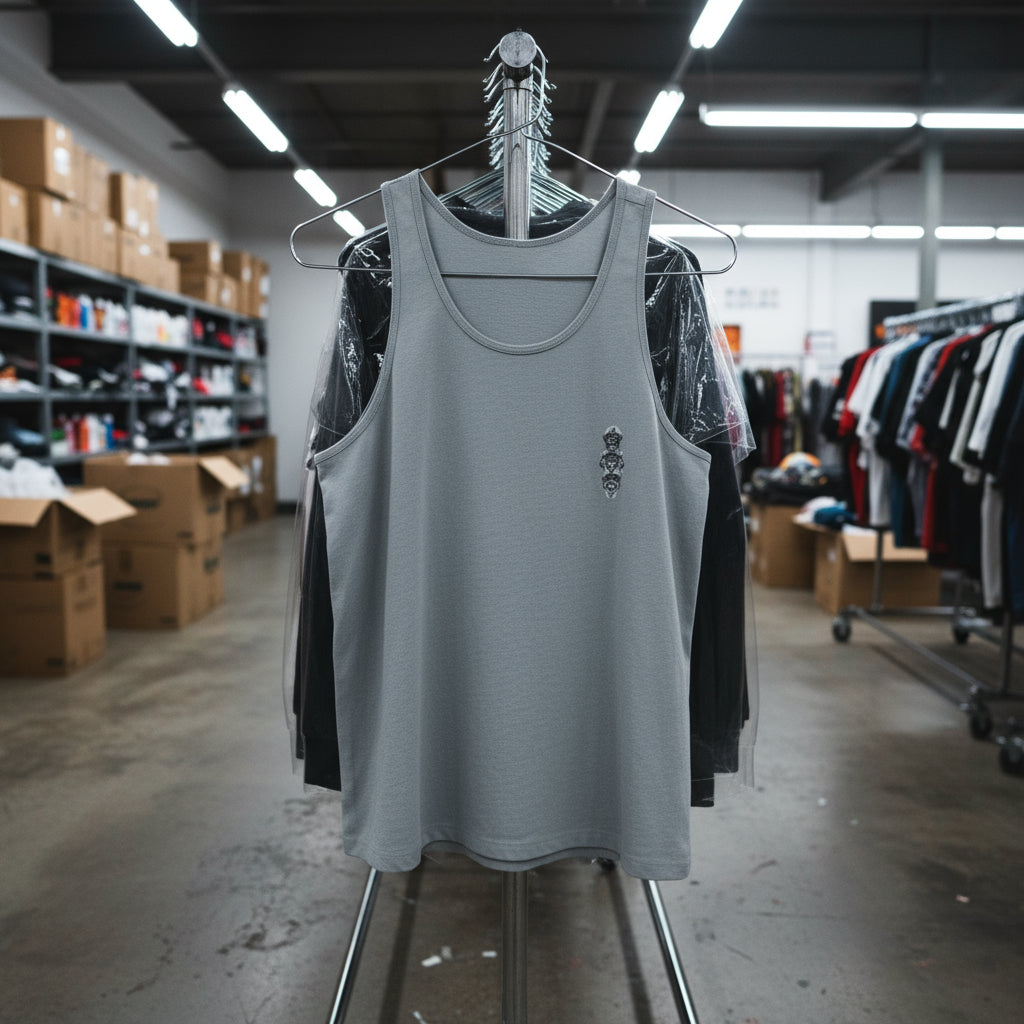 Gray tank top on a hanger in a warehouse setting