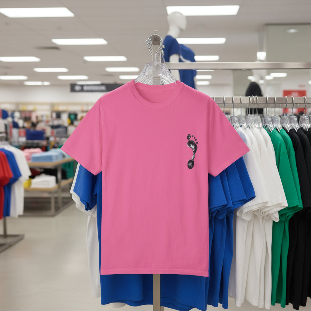 Pink t-shirt with a graphic design on a hanger in a store setting