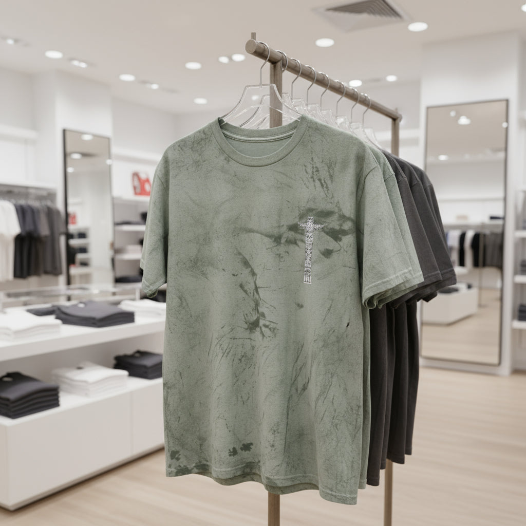 Marbled green and gray t-shirt with a small logo on a white background