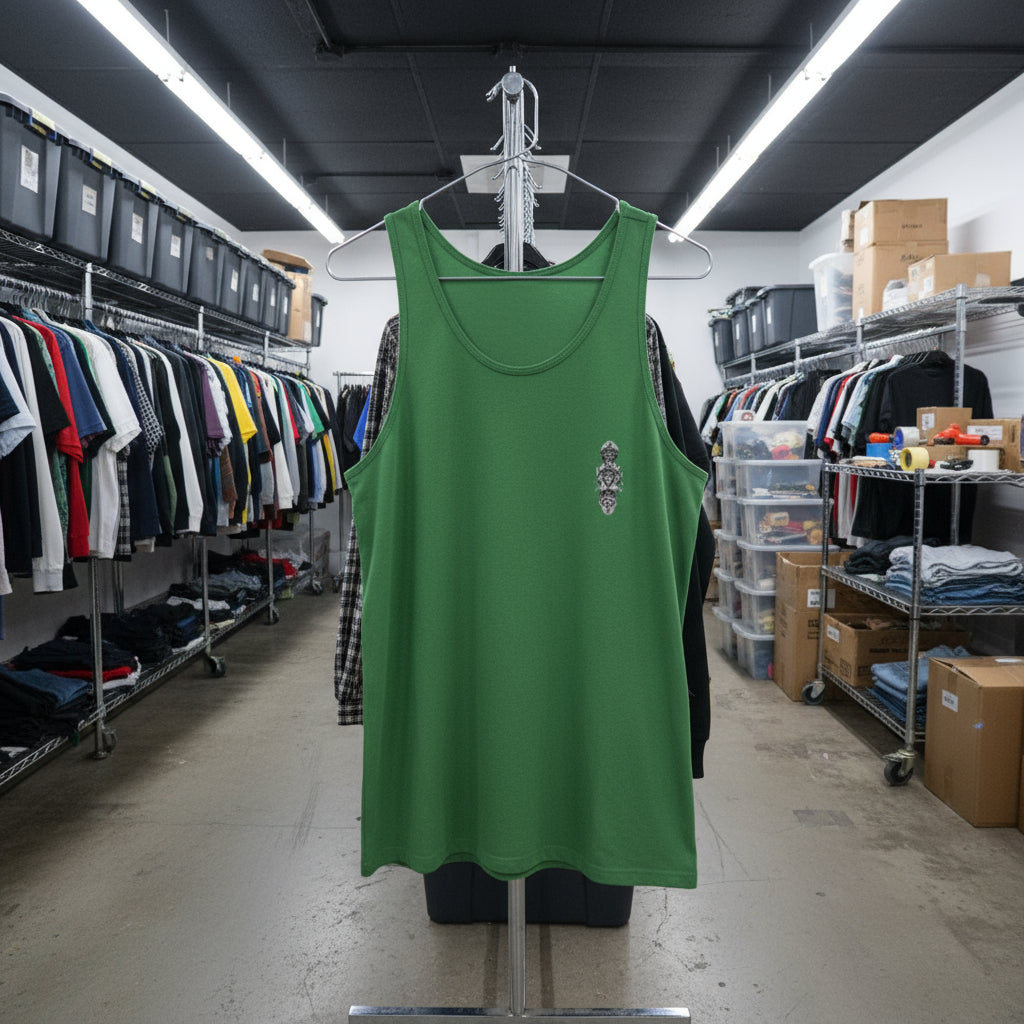 Green tank top on a hanger in a warehouse setting with clothing racks and boxes in the background.