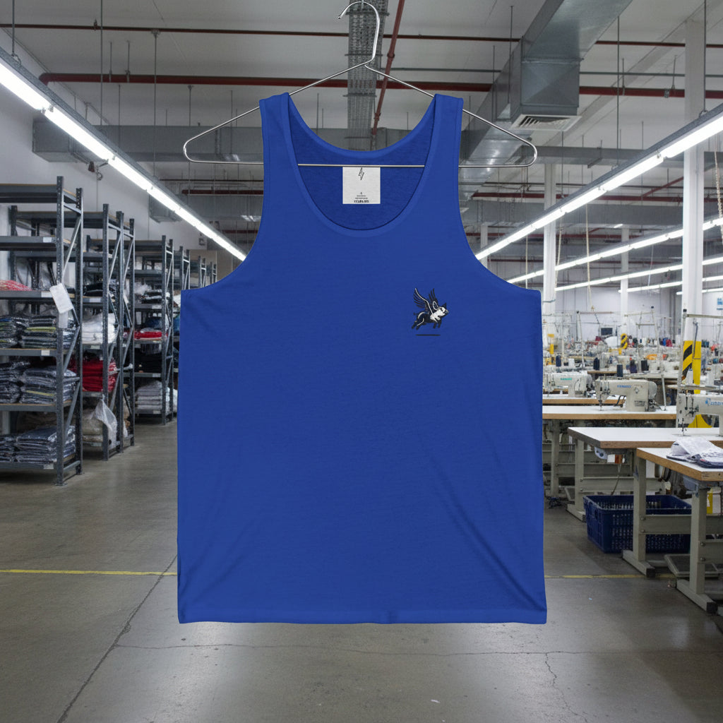 Blue tank top with a small logo on a white background