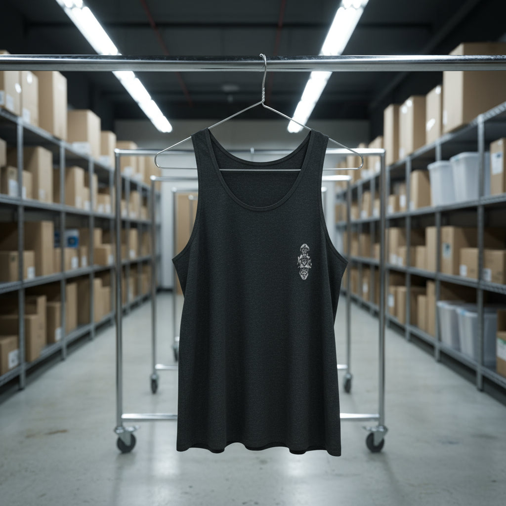 Black tank top on a hanger in a warehouse setting