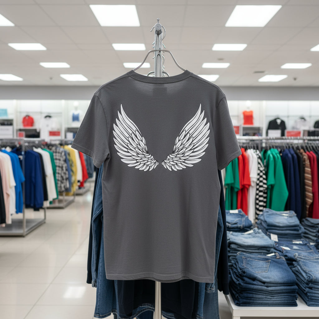Gray t-shirt with white wings hanging in a clothing store