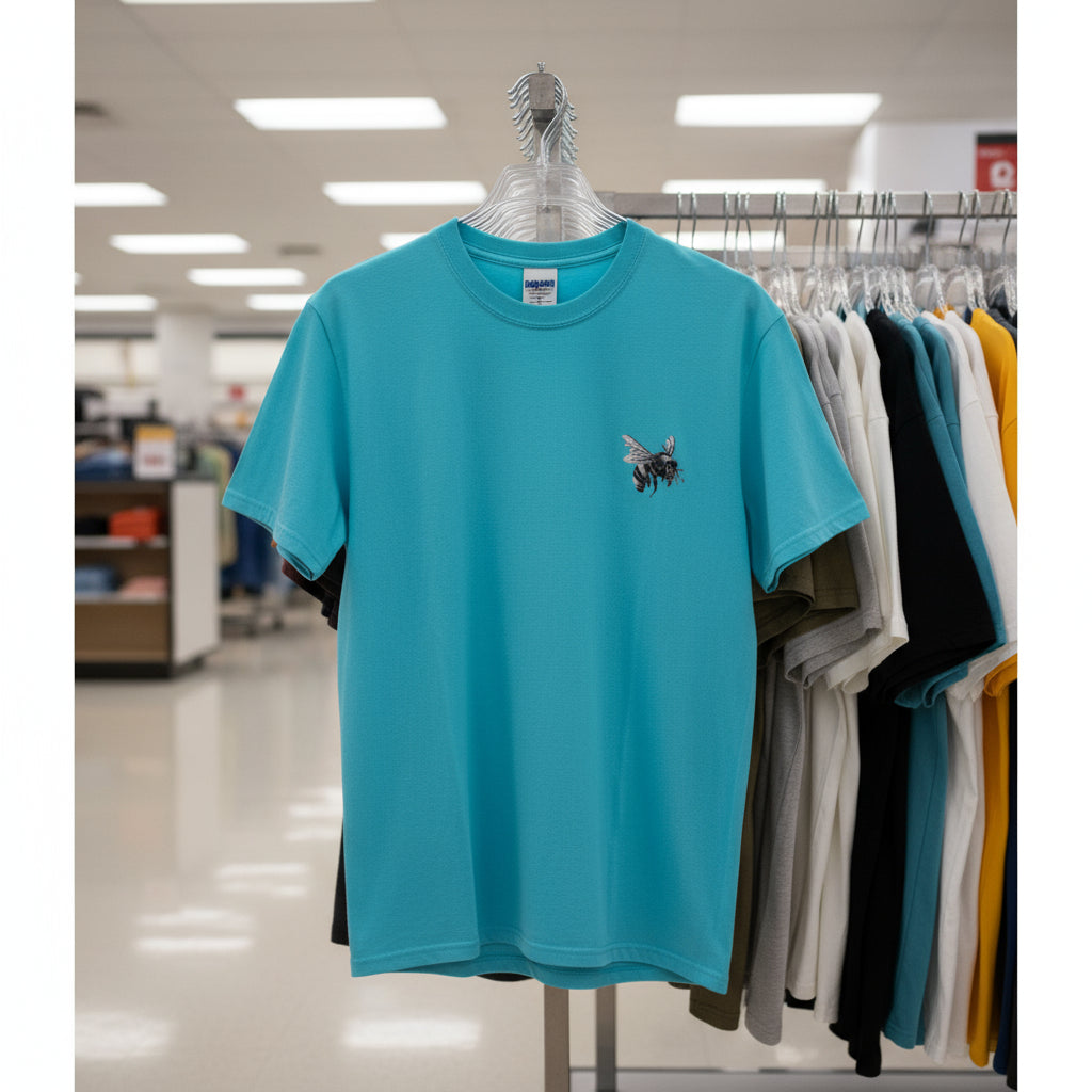 Blue t-shirt with a small graphic on a hanger in a store setting