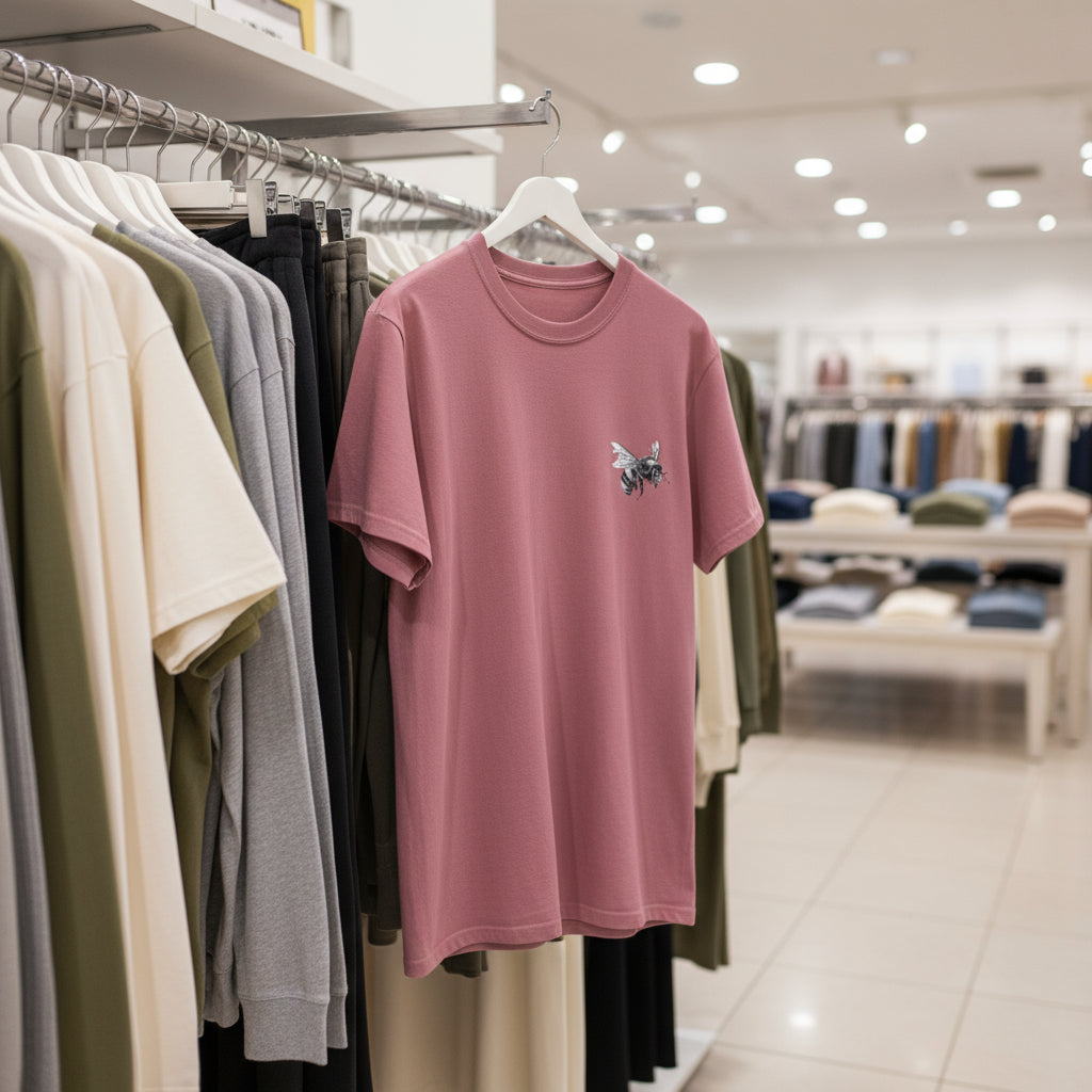 Pink t-shirt with a small graphic on a hanger in a clothing store.