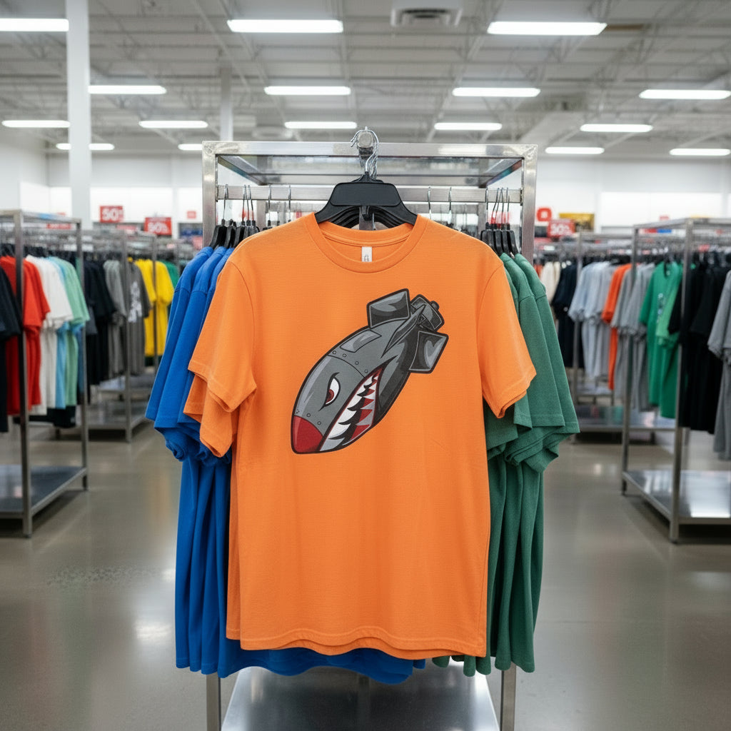 Orange t-shirt with a graphic design on a rack in a store