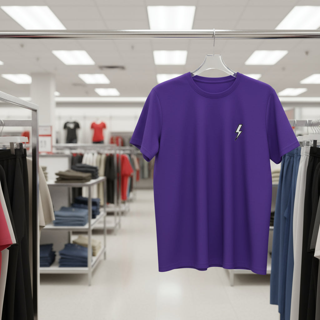 Purple t-shirt with a lightning bolt logo on a hanger in a store setting