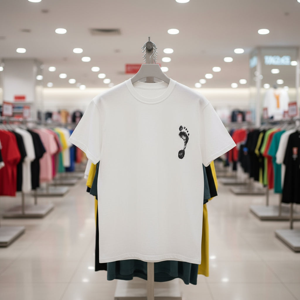 White t-shirt with black question mark design on a hanger in a clothing store.