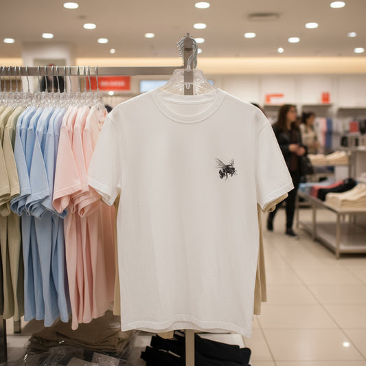 White t-shirt with a logo on a hanger in a store setting