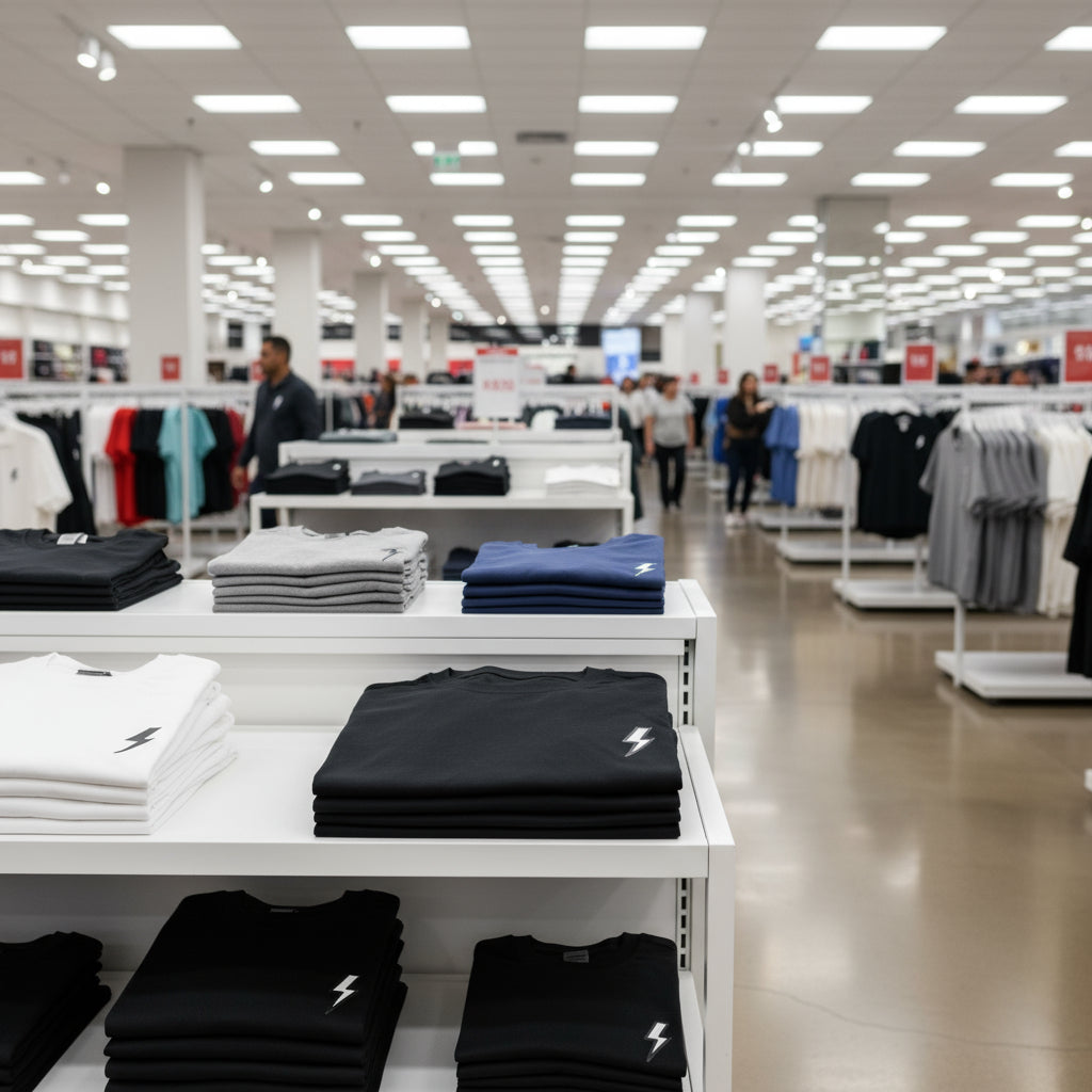 Clothing store interior with shelves displaying folded shirts and customers in the background.