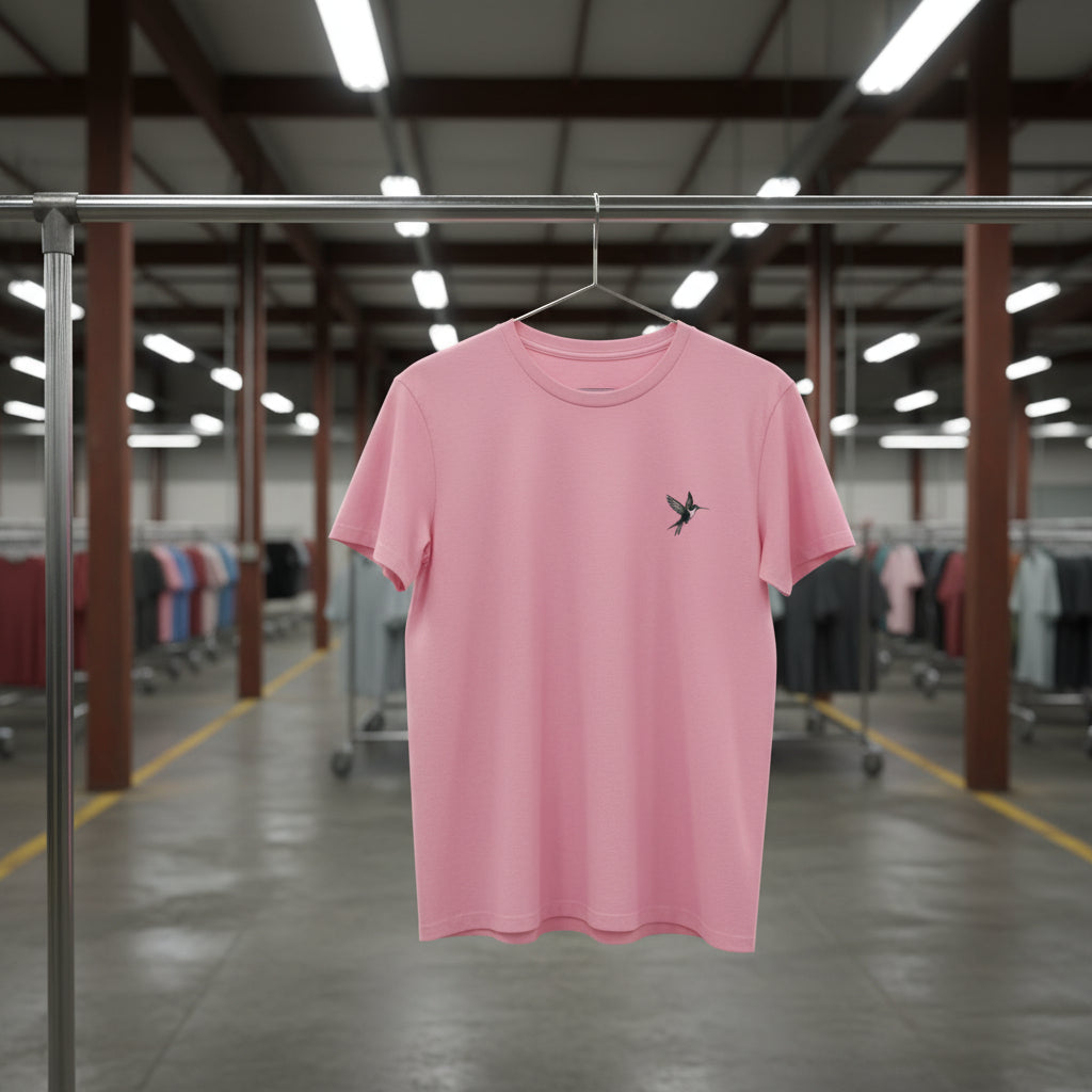 Pink t-shirt with a small design on a hanger in a warehouse setting