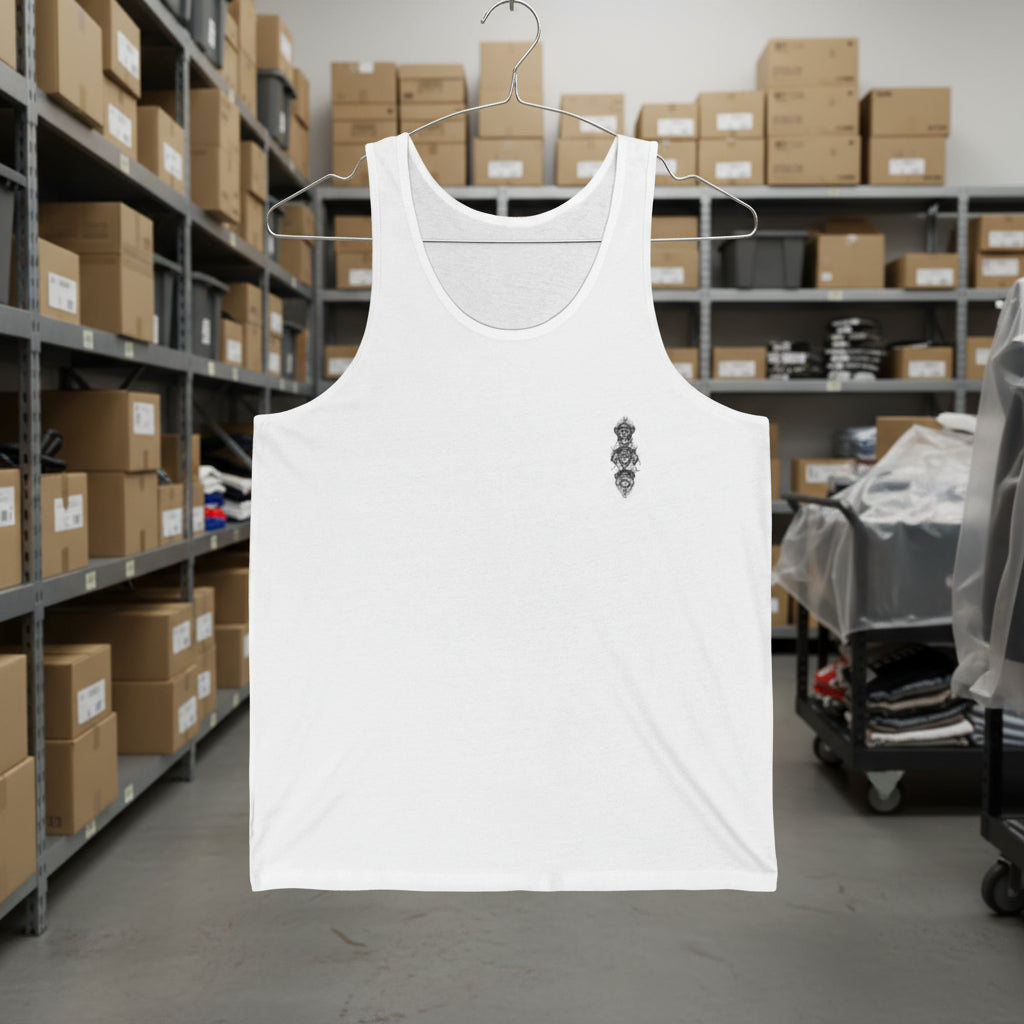 White tank top on a hanger in a warehouse setting