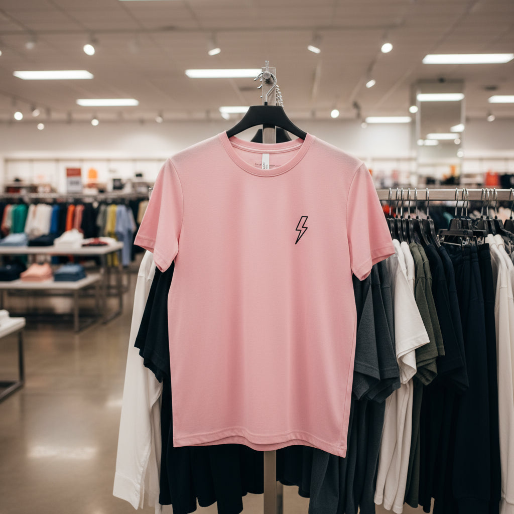 Pink t-shirt with a lightning bolt design on a white background