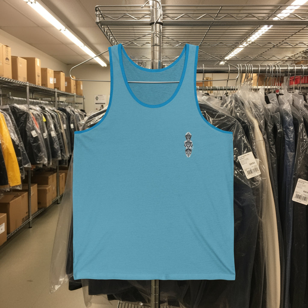 Blue tank top hanging on a rack in a store with other clothing items.