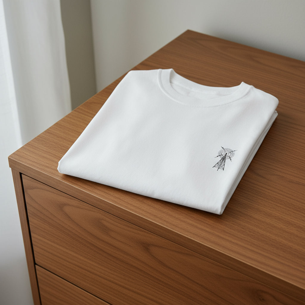 Folded white sweatshirt with a small design on a wooden surface