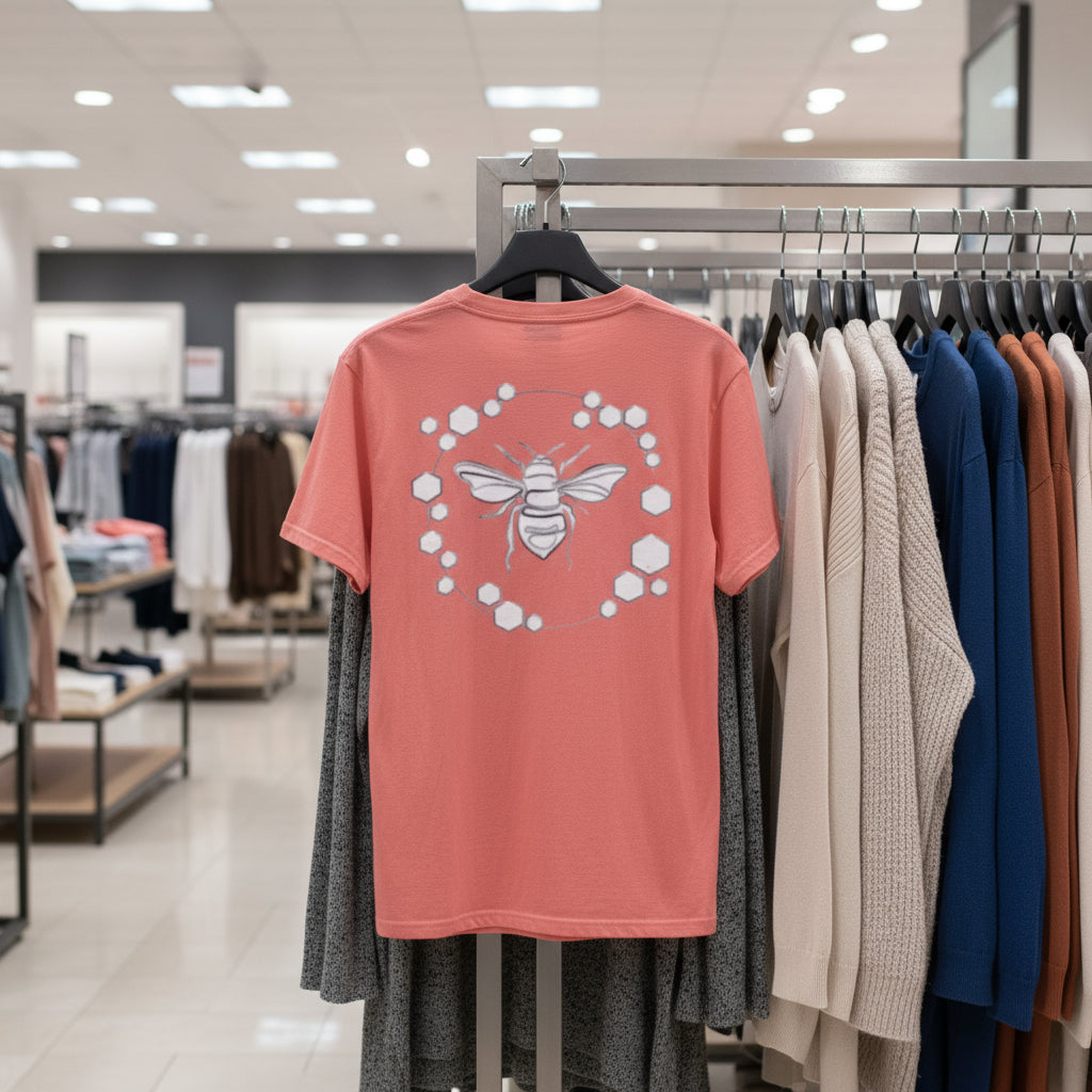 Red t-shirt with a bee design on the back against a white background