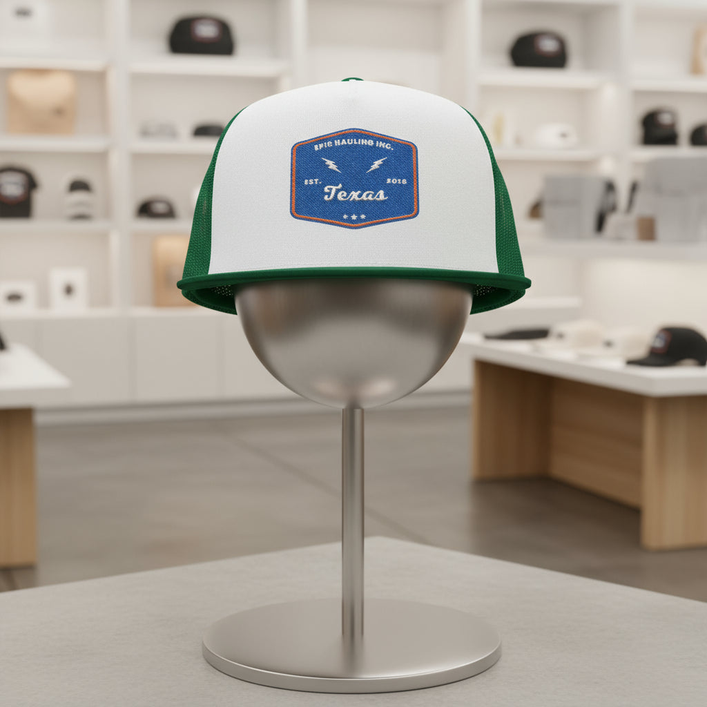 Green and white cap with a blue logo on a mannequin head in a store setting