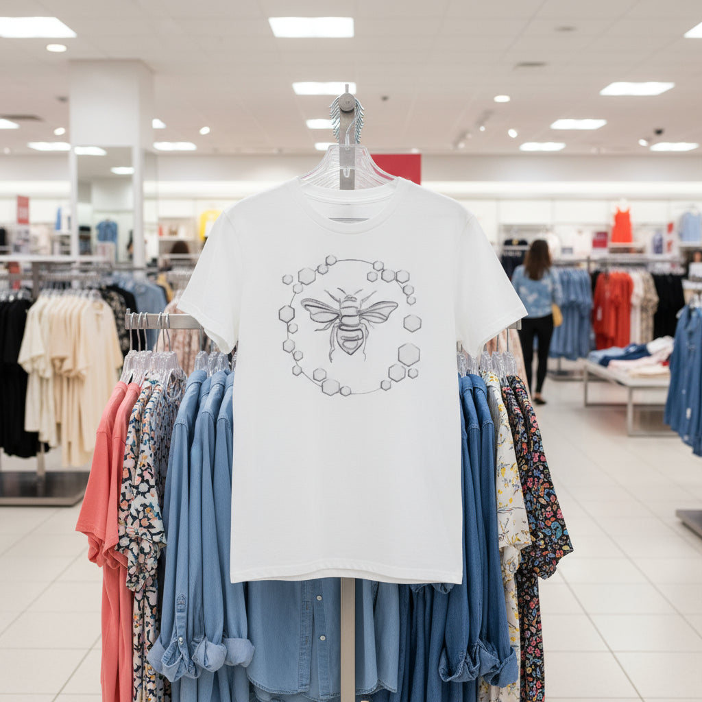 White t-shirt with a bee and hexagon pattern on a white background