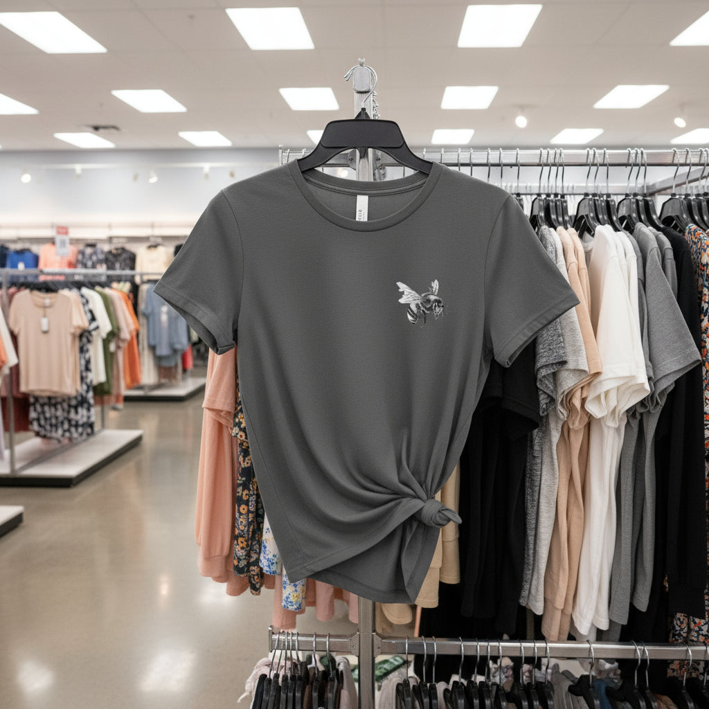 Gray t-shirt with a small design on a hanger in a clothing store.