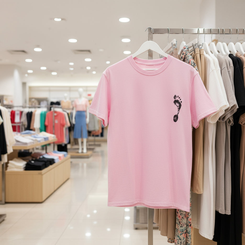 Pink t-shirt with a black graphic on a hanger in a clothing store.