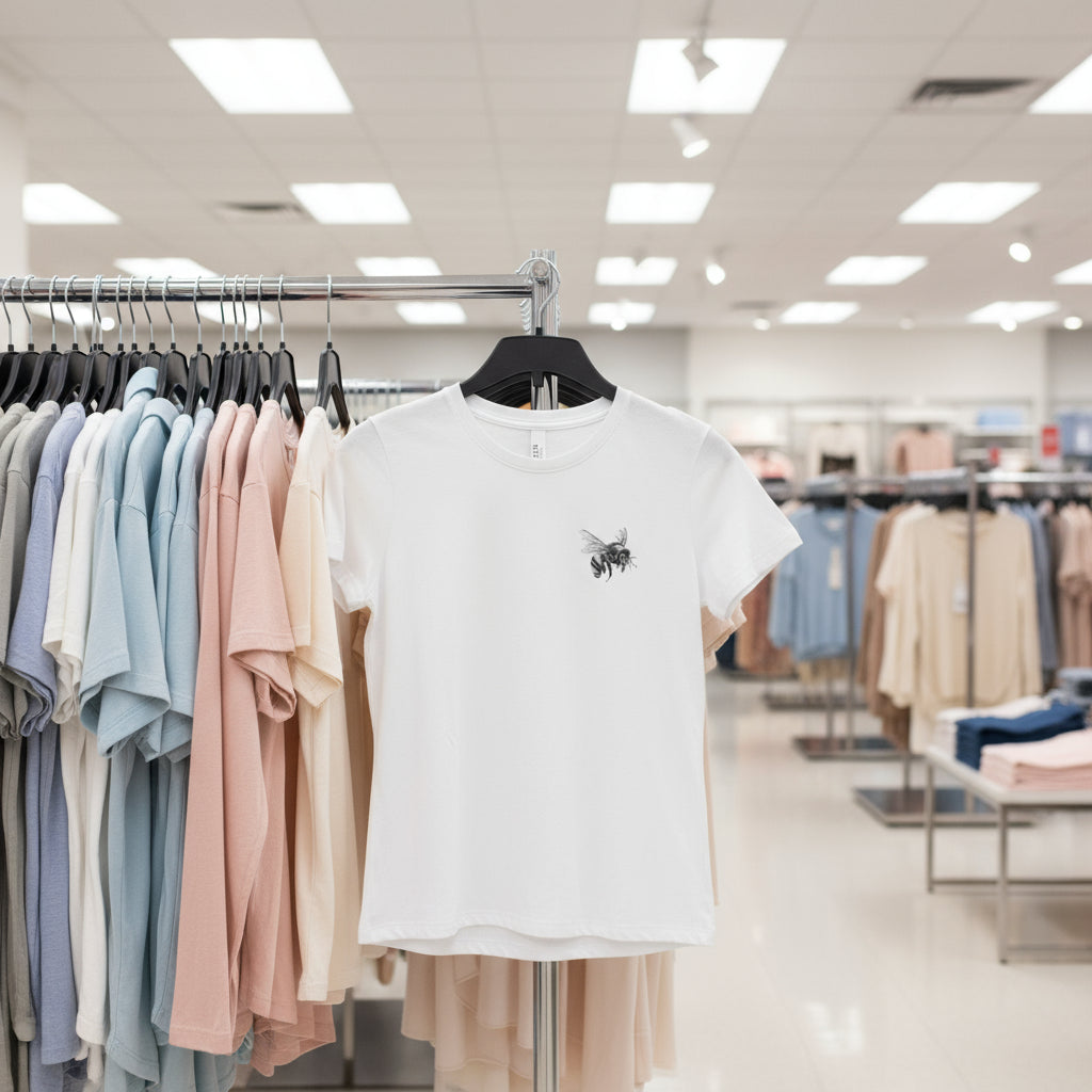 White t-shirt with a small logo on a rack of clothes in a store.