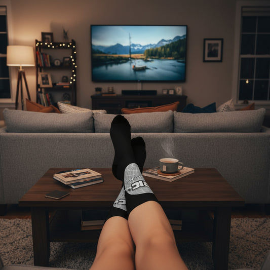 Person relaxing on a couch with feet up on a coffee table, watching TV in a cozy living room.