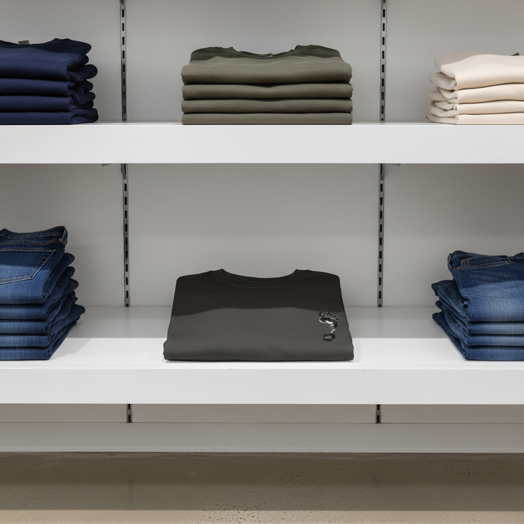 Shelves with folded jeans and shirts in various colors